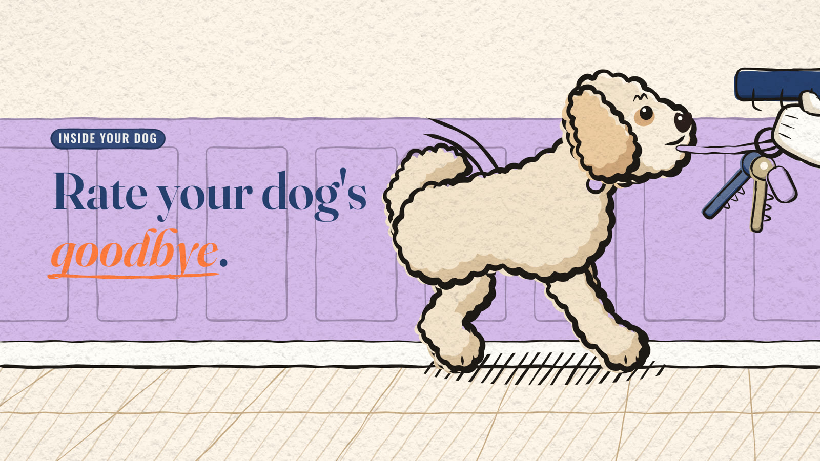 Illustration of a cream Goldendoodle tugging a lilac key lanyard away from a hand at the key hook by a front door, beside the headline Rate your dog's goodbye.