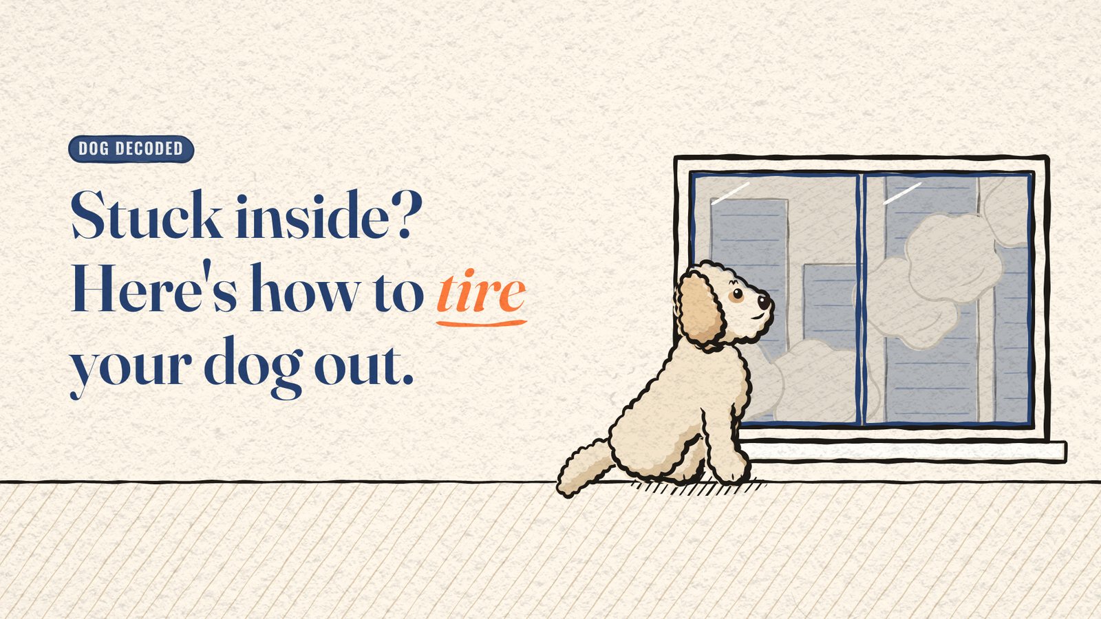 Cartoon Miya the dog sitting at a window looking out at haze, beside the title 'Stuck inside? Here's how to tire your dog out.'